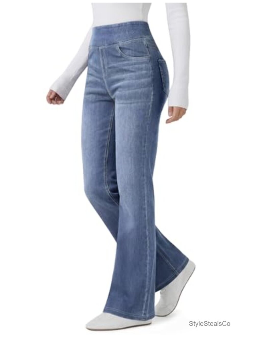 Stretchy Pull On Flare Jeans High Waisted Denim Pants with Pockets